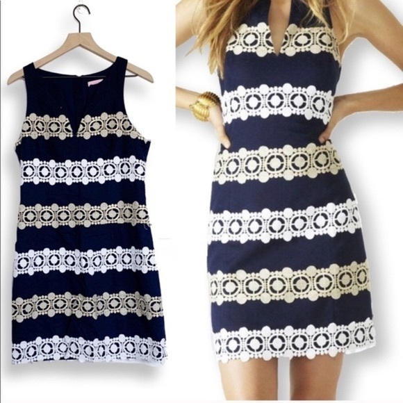 Lilly Pulitzer Navy & Gold Embroidered Lace Shift Dress Size 0 Excellent Cond. - Picture 3 of 16